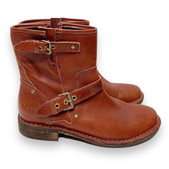 UGG Women's Fabrizia Short Moto Motorcycle Boot Size 7 Brown Leather Buckles Zip - Picture 1 of 10